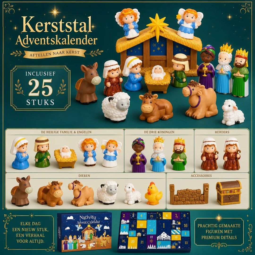 Overzichtsafbeelding met alle figuren gegroepeerd: heilige familie, drie koningen, herders, dieren en accessoires, plus de 6