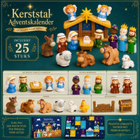 Overzichtsafbeelding met alle figuren gegroepeerd: heilige familie, drie koningen, herders, dieren en accessoires, plus de 6