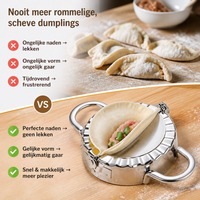 Vergelijking: bovenaan rommelige, ongelijke dumplings met de hand gevouwen, onderaan een gevuld deegje in het metalen vormpje voor een gelijkmatig resultaat. 2