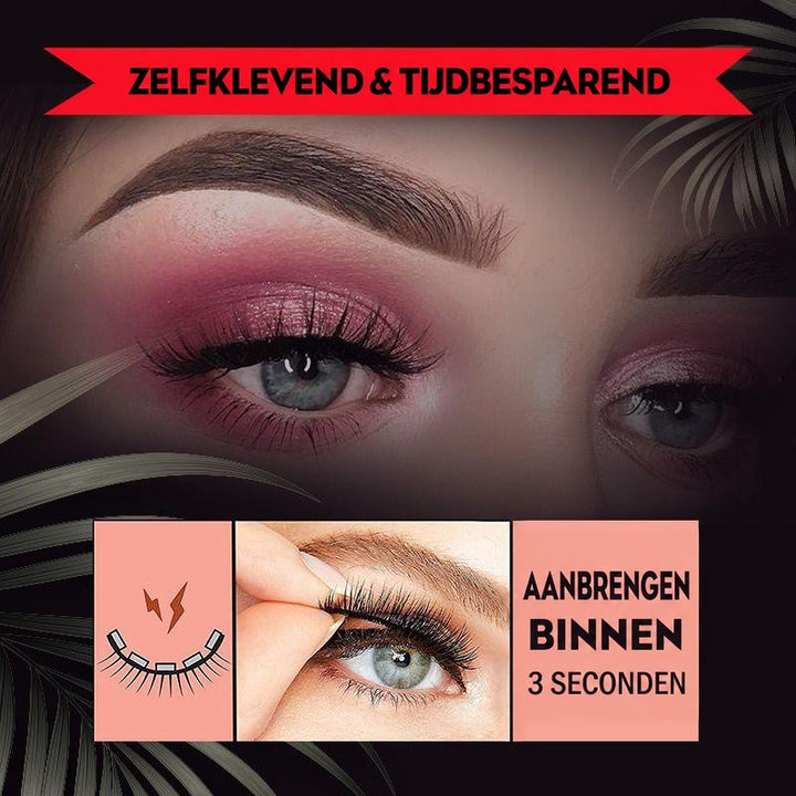 Oog met roze oogschaduw en wimpers op donkere achtergrond met bladeren, met het aanbrengen van de wimpers in enkele seconden. 8