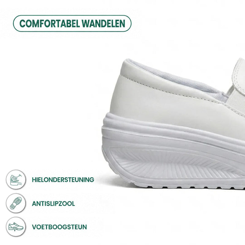 Detail van de witte hiel en profielzool met pictogrammen voor hielsteun, antislipzool en booggewelfsteun 13