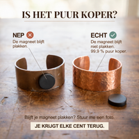 Vergelijking van een donkere armband met magneet erop en een gehamerde koperen armband zonder magneet 4
