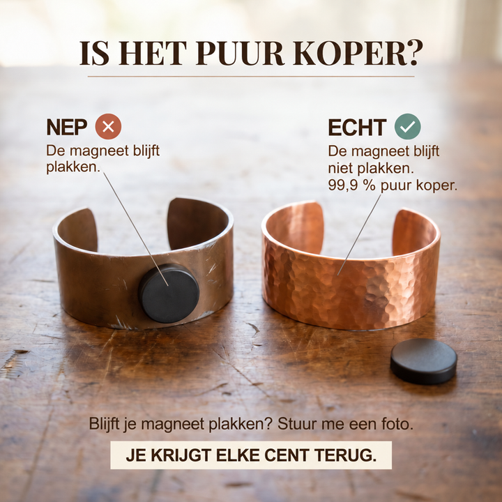 Vergelijking van een donkere armband met magneet erop en een gehamerde koperen armband zonder magneet 4