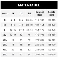 Maattabel met maten S tot 5XL en bijbehorende UK-, US- en EU-maten, gewicht en lengte. 9
