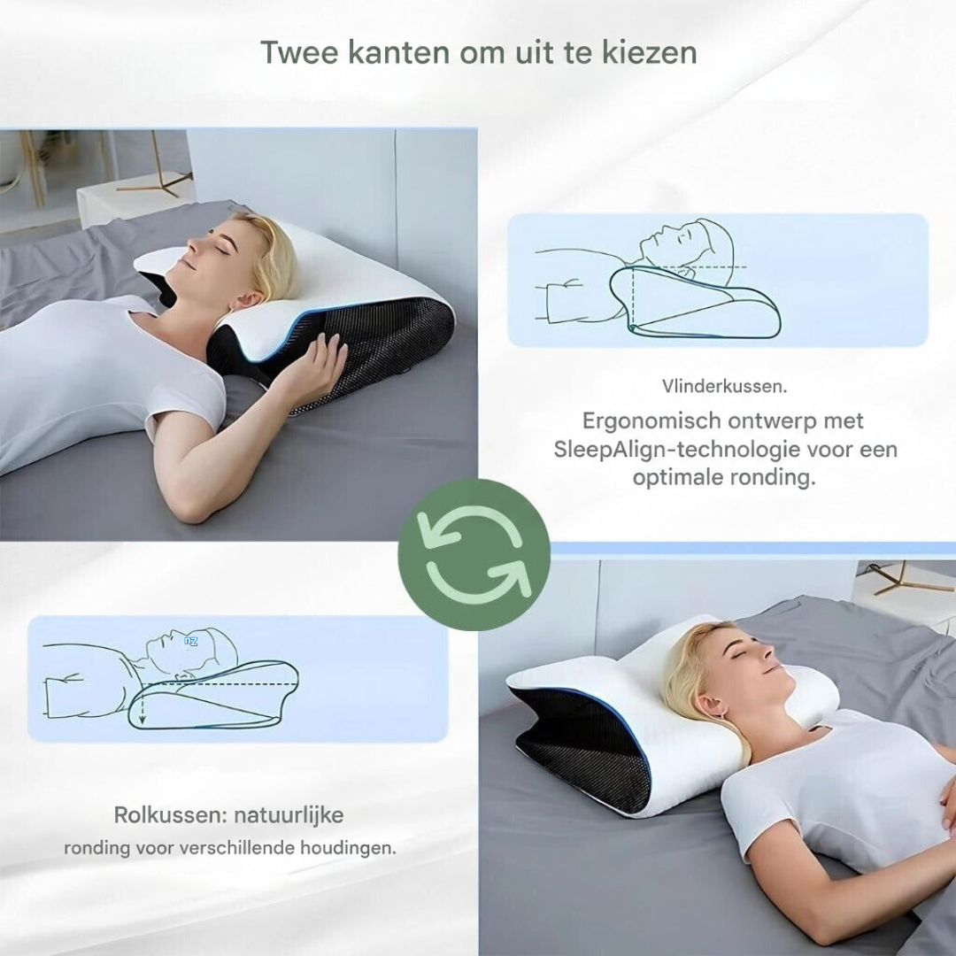 Infographic met een vrouw die op beide zijden van het kussen ligt, met schematische tekeningen van de nekcurve 9