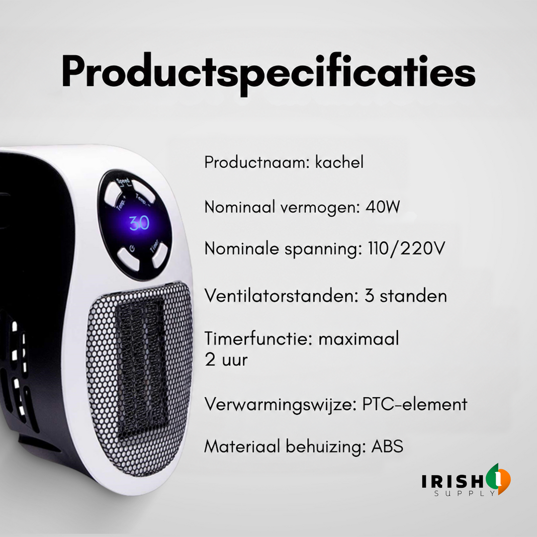 Verwarmer van opzij met een lijst technische gegevens over vermogen, voltage, standen, timer en behuizing 8