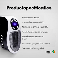 Verwarmer van opzij met een lijst technische gegevens over vermogen, voltage, standen, timer en behuizing 8
