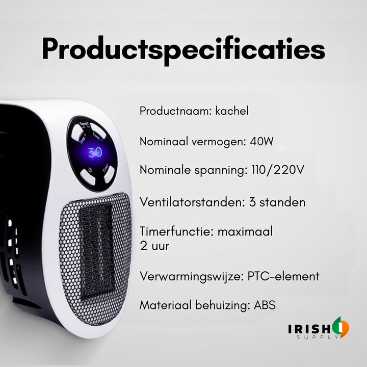 Verwarmer van opzij met een lijst technische gegevens over vermogen, voltage, standen, timer en behuizing 8