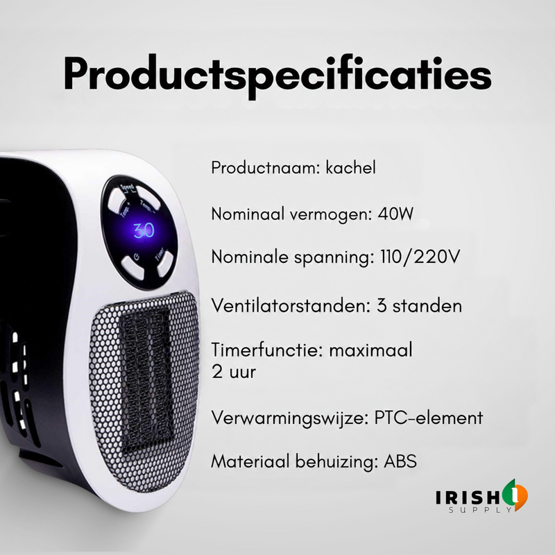 Verwarmer van opzij met een lijst technische gegevens over vermogen, voltage, standen, timer en behuizing 8