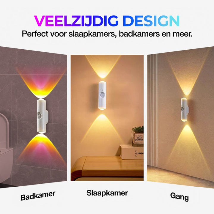 Drie voorbeelden van de wandlamp in een badkamer, slaapkamer en gang, met roze, gele en warme verlichting 14