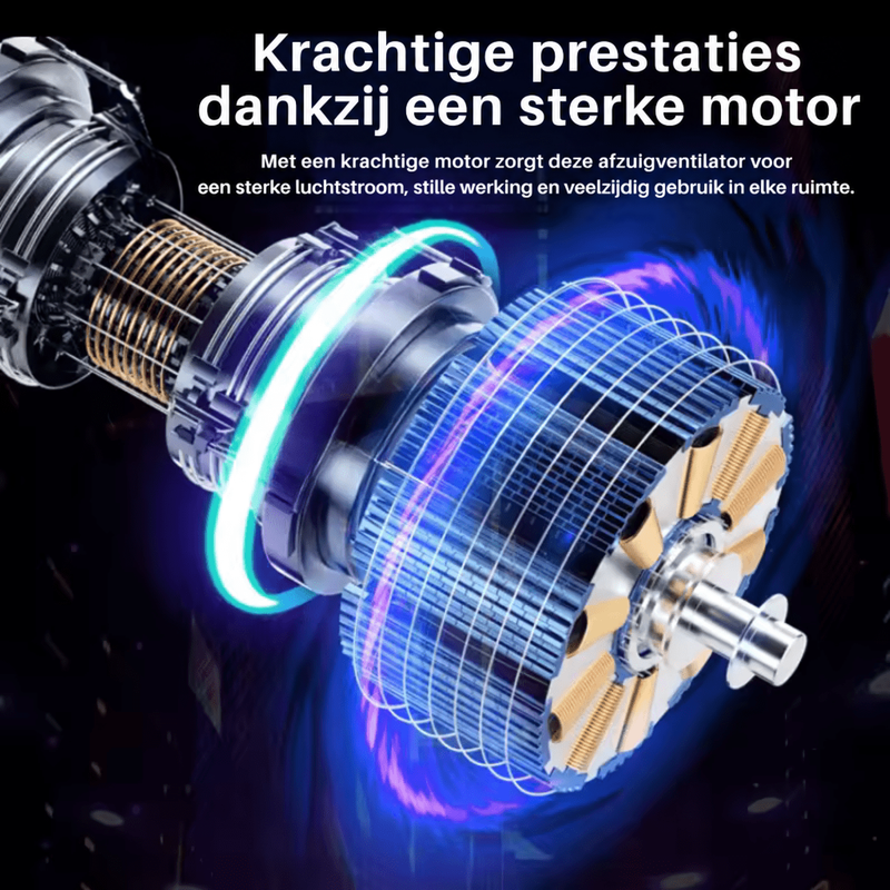 Close-up van de motor van de ventilator met koperen wikkelingen en blauwe lichteffecten 4