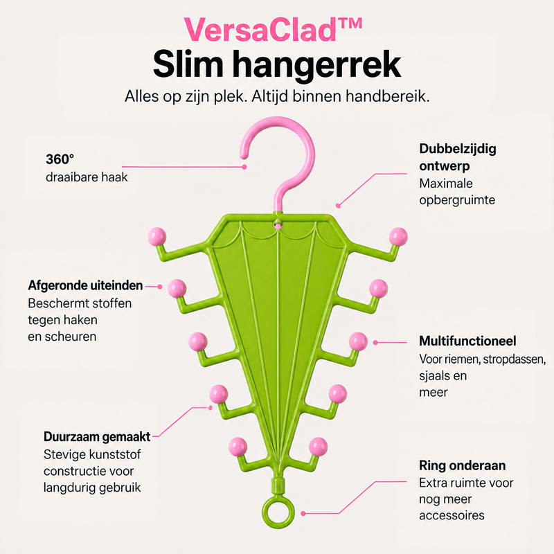 Groen paraplurek met roze bolletjes en haak, met lijnen die de kenmerken aanwijzen 2