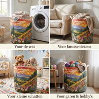 Vier gebruiksmomenten van de mand in collage: voor de was bij de wasmachine, voor dekens, speelgoed en garen. 2