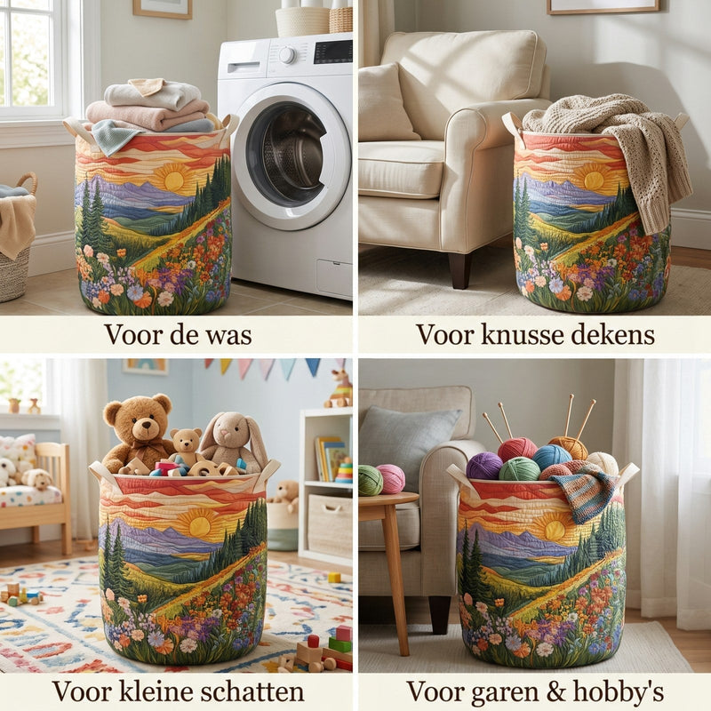 Vier gebruiksmomenten van de mand in collage: voor de was bij de wasmachine, voor dekens, speelgoed en garen. 2