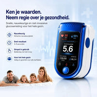Blauw-witte monitor met display op lichte achtergrond, met onderaan een lachend gezin van vier liggend op een bed. 4