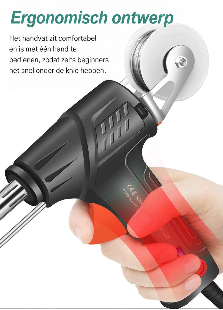Hand omklemt het ergonomische handvat van het pistool, met draadspoel bovenop, bediening met één hand 6