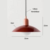 Productfoto van een terracottakleurige hanglamp met maatlijnen voor hoogte, breedte en verstelbaar snoer 13