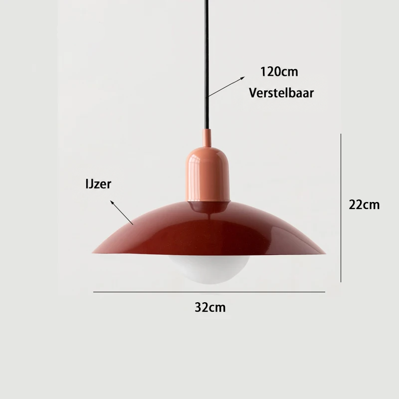 Productfoto van een terracottakleurige hanglamp met maatlijnen voor hoogte, breedte en verstelbaar snoer 13