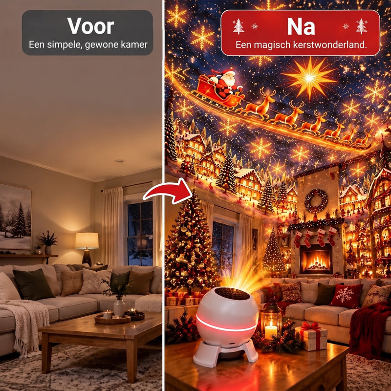 Voor-en-nasamenstelling van dezelfde woonkamer: links gewoon verlicht, rechts omgetoverd door de kerstprojectie met kerstman, rendieren en sneeuwvlokken. 3