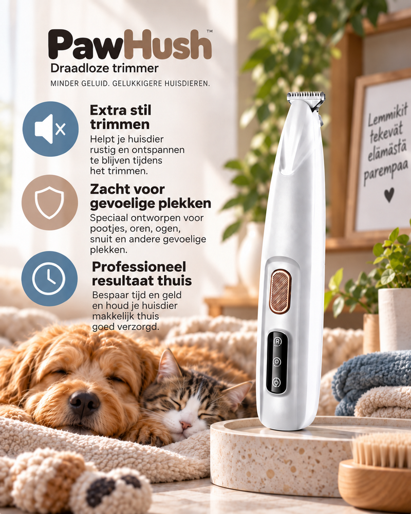Witte trimmer op een stenen standaard naast een slapende hond en kat, met kenmerken in tekst 2
