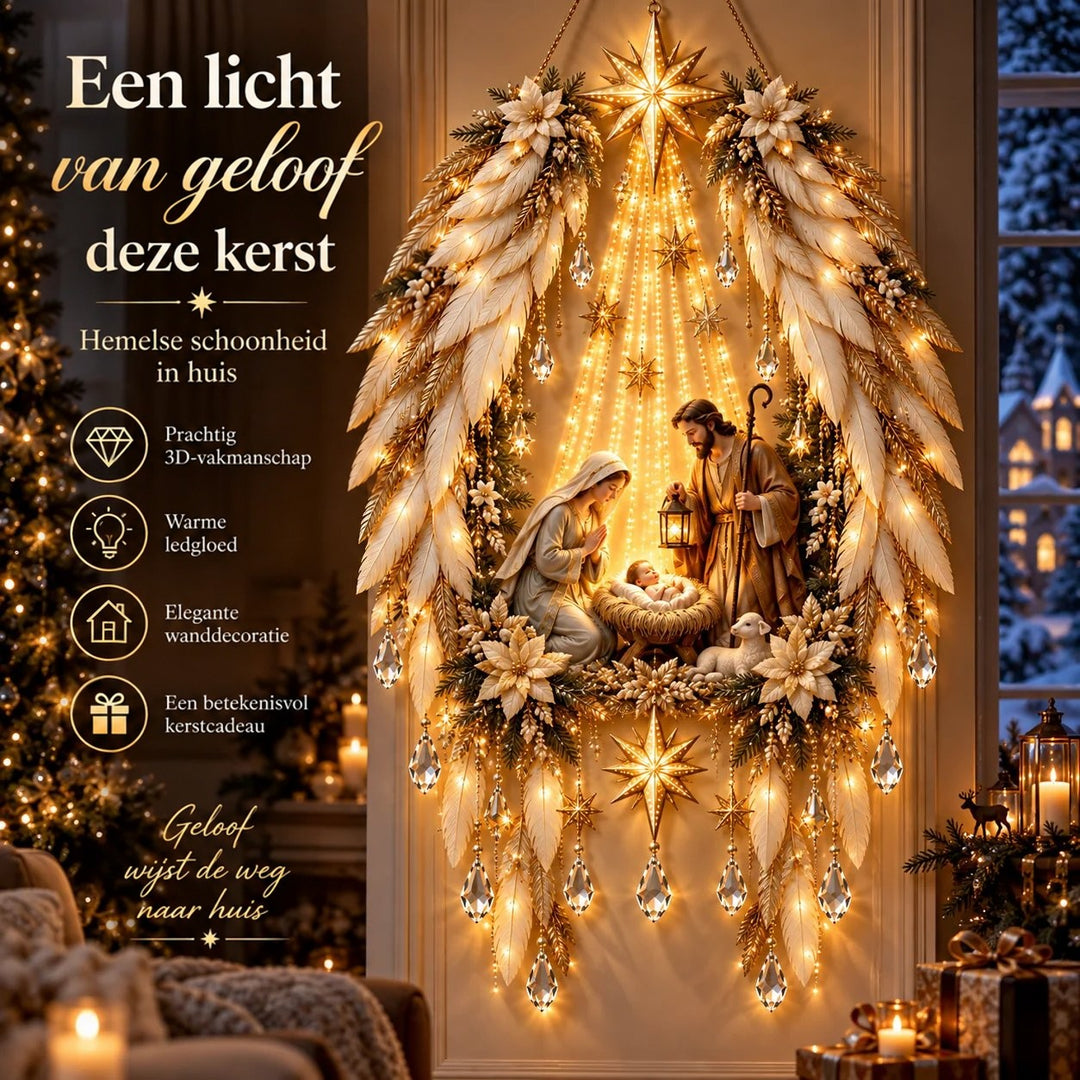 Ander model met witte veervleugels, kristallen hangers en kerststalfiguren, verlicht aan de muur in een warme woonkamer 2