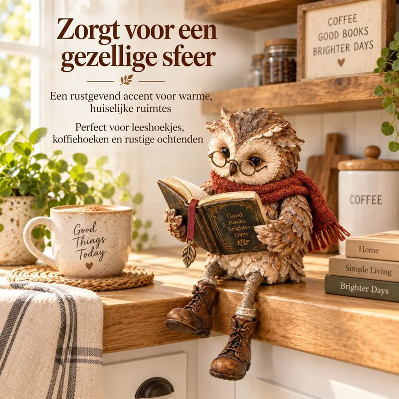 Uilenbeeldje met bril en boek zit op een houten keukenblad naast een mok en koffiepot, in een lichte, gezellige leeshoek. 6