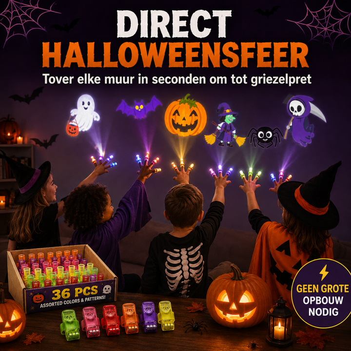 Kinderen in Halloweenkostuums richten vingerlampjes op de muur, met een doos en zes lampjes op tafel 12