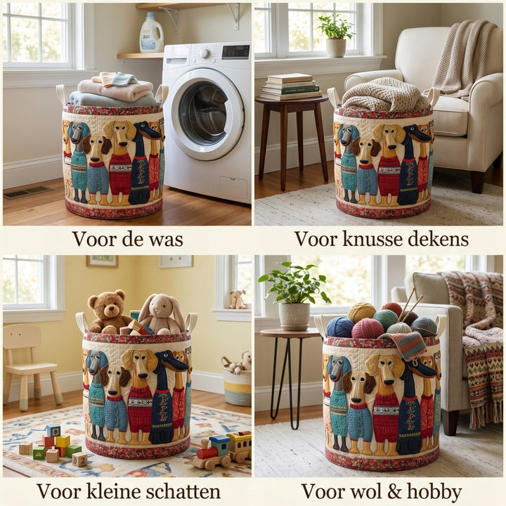 Vier sfeerfoto's van dezelfde mand in gebruik voor was, dekens, speelgoed en garen 2