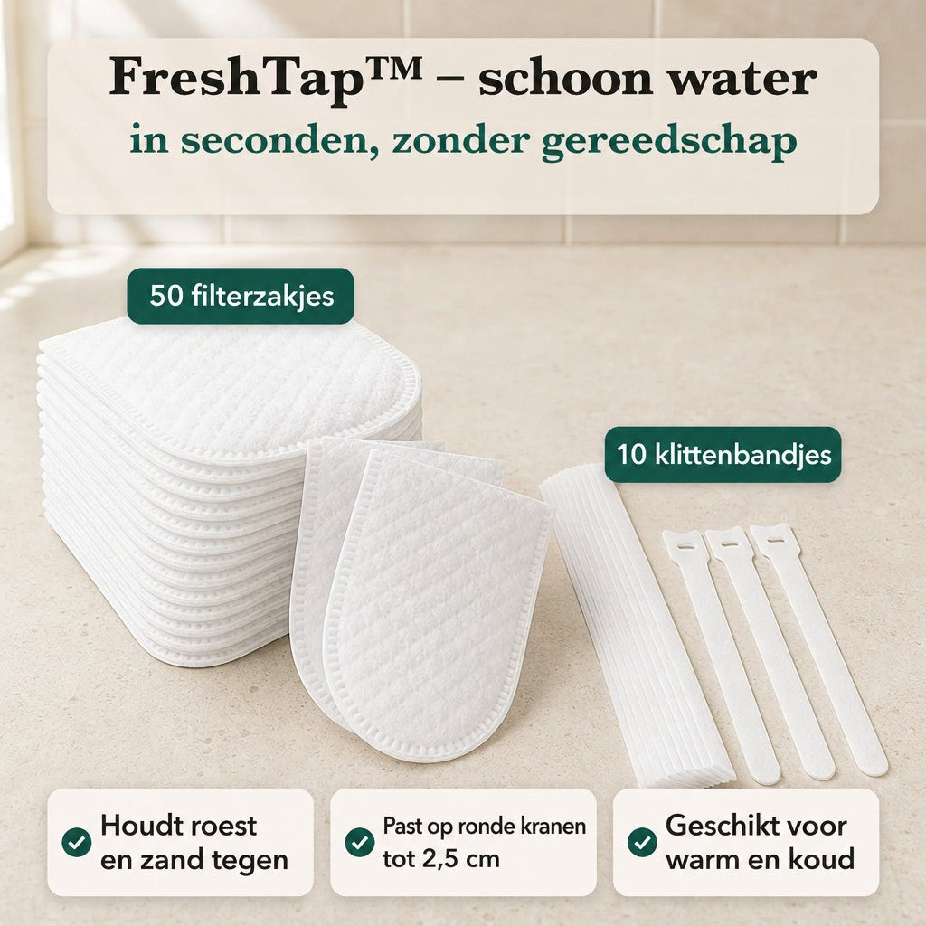 Stapel witte filterzakjes met losse zakjes en tien witte klittenbandstrips naast elkaar op een beige ondergrond. 1