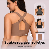 Rugzijde van de bruine beha met gekruiste bandjes, sluiting en pictogrammen van X-rug en U-rug 13