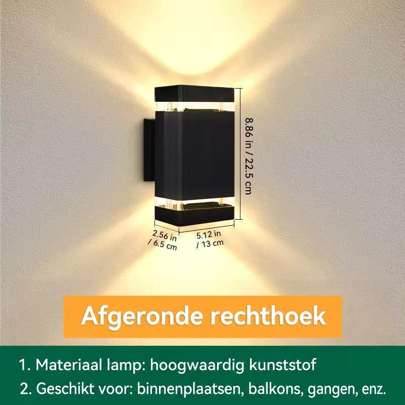 Rechthoekige wandlamp met enkele lichtband, met afmetingen van hoogte, breedte en diepte in centimeters en inches 16