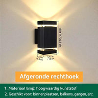 Rechthoekige wandlamp met enkele lichtband, met afmetingen van hoogte, breedte en diepte in centimeters en inches 16