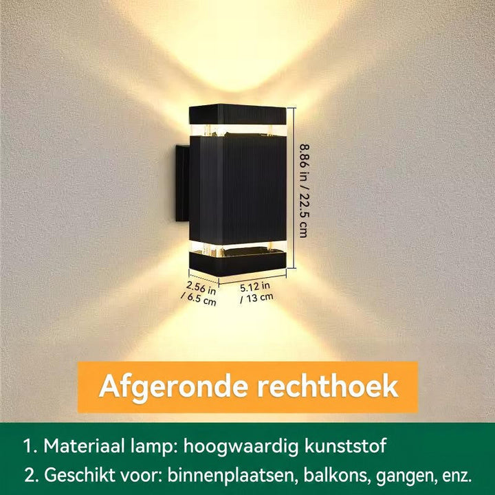 Rechthoekige wandlamp met enkele lichtband, met afmetingen van hoogte, breedte en diepte in centimeters en inches 16
