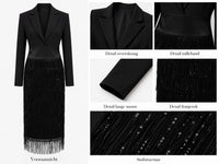 Collage met voorkant van de jurk en close-ups van revers, tailleband, mouw, franjes en stof 5