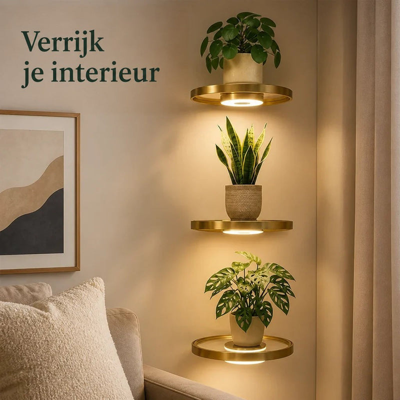 Drie ronde goudkleurige wandplanken boven elkaar met kamerplanten en warm licht onder elke plank, naast een bank en gordijn. 1