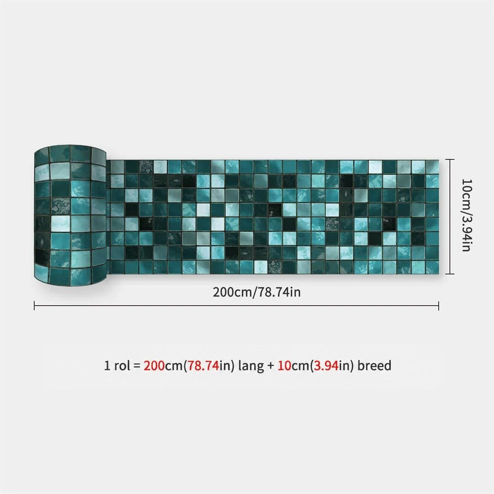 Opgerolde strook met kleine mozaïektegeltjes in turquoise en groenblauwe tinten, naast de afmetingen 31