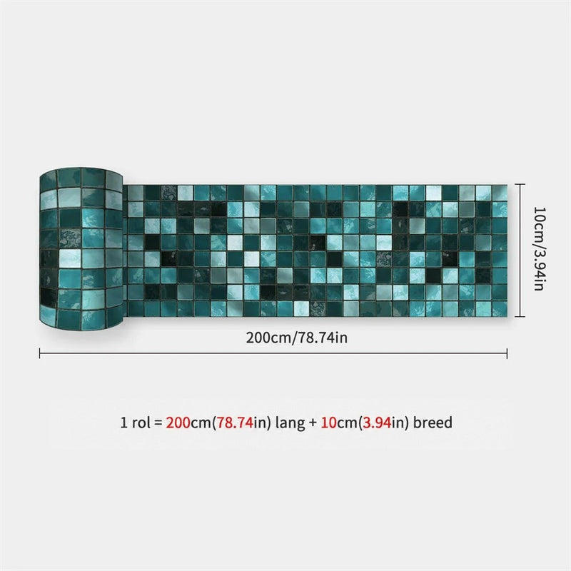 Opgerolde strook met kleine mozaïektegeltjes in turquoise en groenblauwe tinten, naast de afmetingen 31