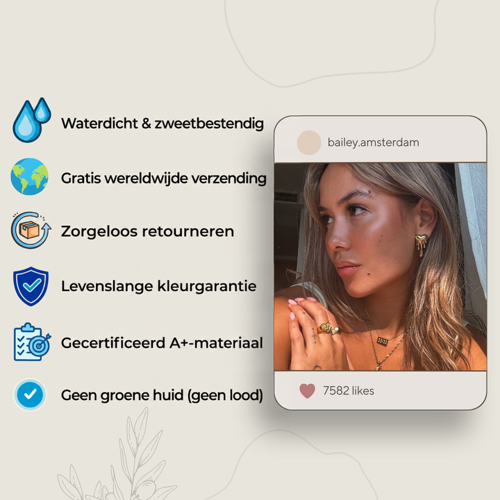 Productafbeelding met pictogrammen over waterbestendigheid, verzending, retour en garantie, naast een foto van een vrouw met gouden sieraden. 4