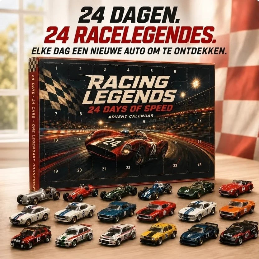 Doos met rode raceauto op een circuit en onderaan klassieke miniatuur raceauto's met startnummers op een houten tafel 12