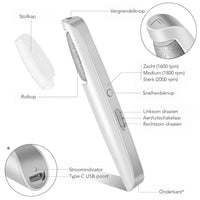 Schematische weergave van de eeltverwijderaar met stofkap, rolkop, snelheidsknop, draairichtingsschakelaar en USB-C-poort onderaan. 5