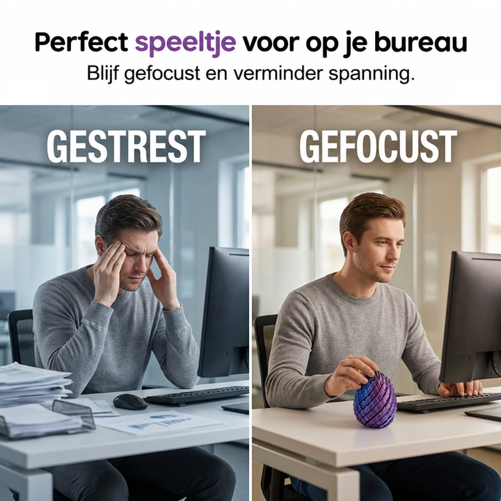 Vergelijking van een gestreste man aan een bureau en dezelfde man ontspannen met het drakenei in zijn hand. 2