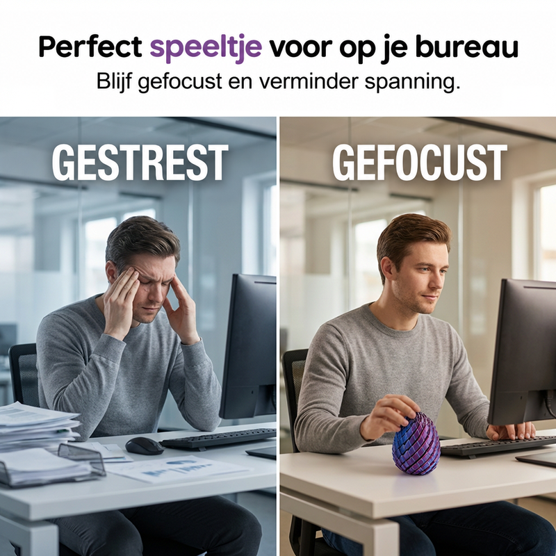 Vergelijking van een gestreste man aan een bureau en dezelfde man ontspannen met het drakenei in zijn hand. 2