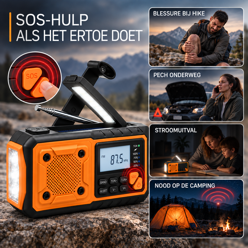Radio met SOS-knop in beeld en vier noodsituaties: wandelblessure, autopech, stroomuitval en kampeernood 8