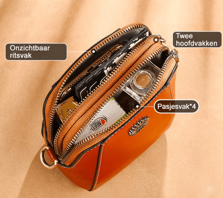 Bovenaanzicht van de geopend tas met twee ritsvakken, een verborgen ritszakje en kaartsleuven 10
