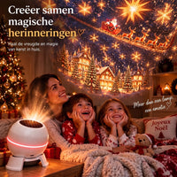 Moeder en twee lachende kinderen op de bank kijken naar de kerstprojectie van de projector op de tafel ernaast. 4