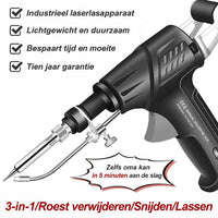 Zwart soldeerpistool met aangeklikte voordelenlijst en de tekst over roest verwijderen, snijden en lassen 11
