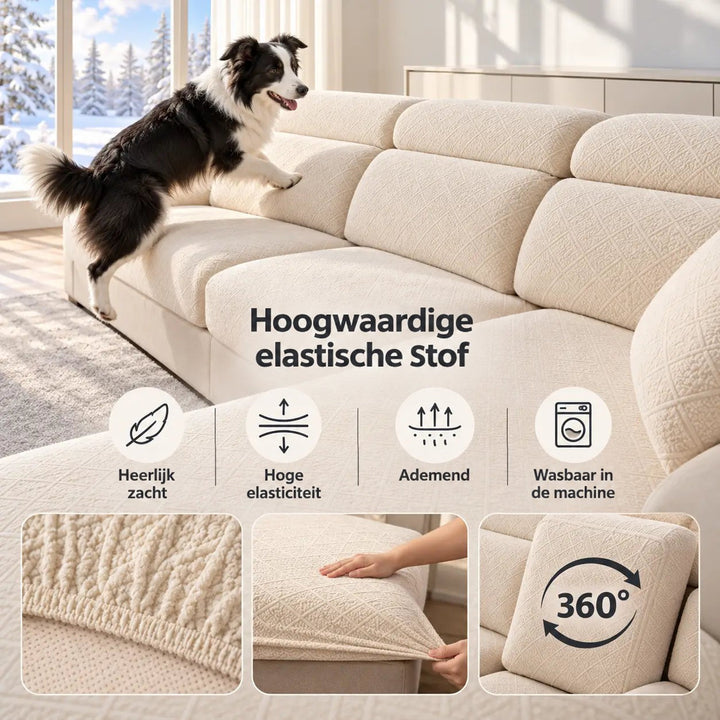 Border collie klimt op een bank met crème hoezen; kleine foto's tonen stof, elastiek en rondom passende zitkussenhoes 4