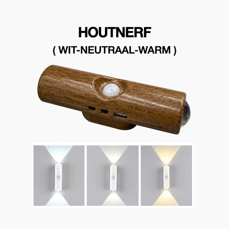 Wandlamp met houtnerflook, bewegingssensor en usb-c-poort, met onderaan drie witte lichtkleuren van koel tot warm 5
