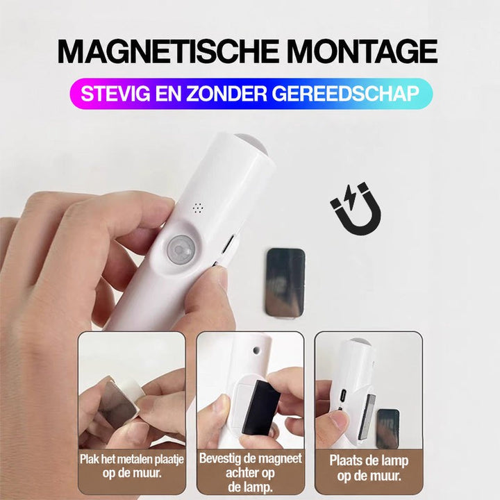 Handen bevestigen de lamp magnetisch aan de muur in drie stappen met metalen plaatje en magneet 11