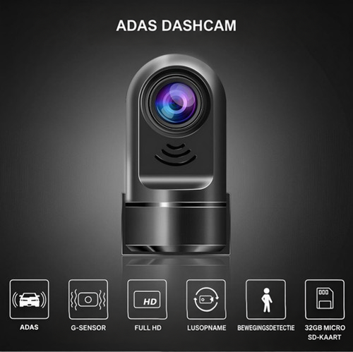 Dashcam op donkere achtergrond met rij pictogrammen voor de functies, zoals Full HD en lusopname 2